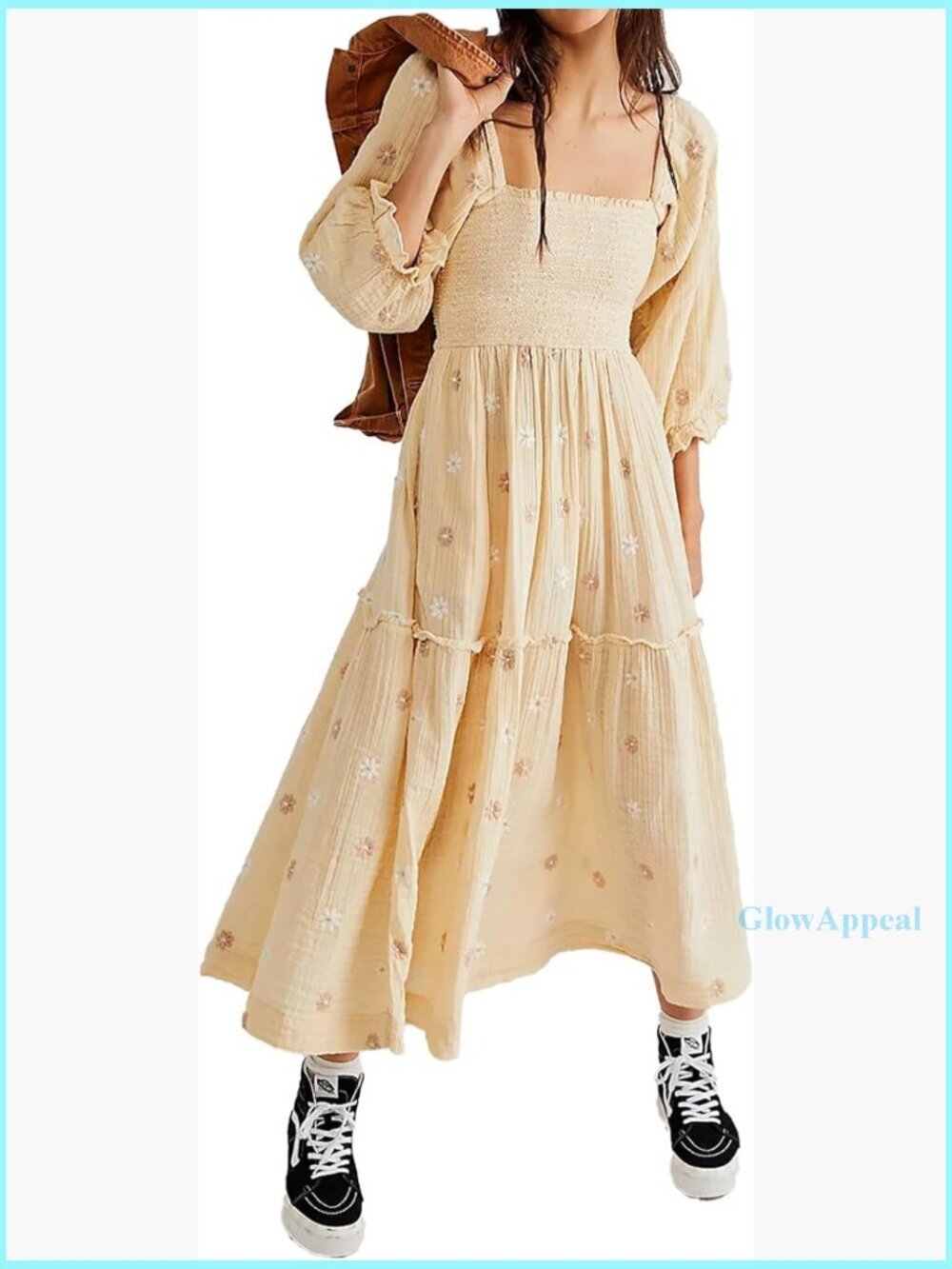 Floral Embroidered Maxi Dress with Pockets, Puff Sleeves, Square Neck
